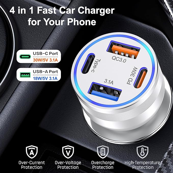 Car Charger USB C, 4 in 1 65W Fast Charging 4-Port Dual USBC & USB A Car Phone - Image 6