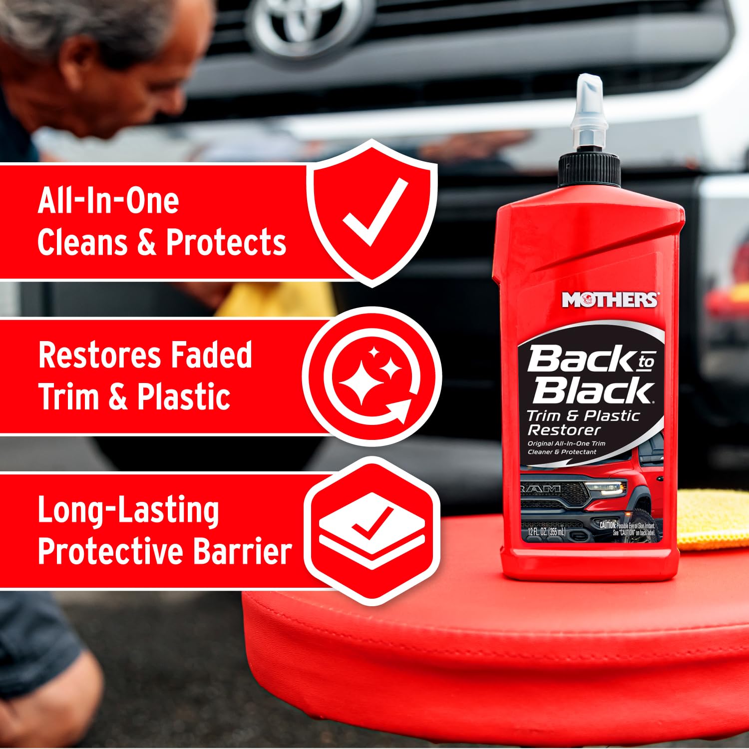 Mothers Back-to-Black Trim & Plastic Restorer, 12 oz. (06112) | Removes Oxidation, Dirt & Wax Residue – Restores Faded Trim & Provides Long-Lasting Protection