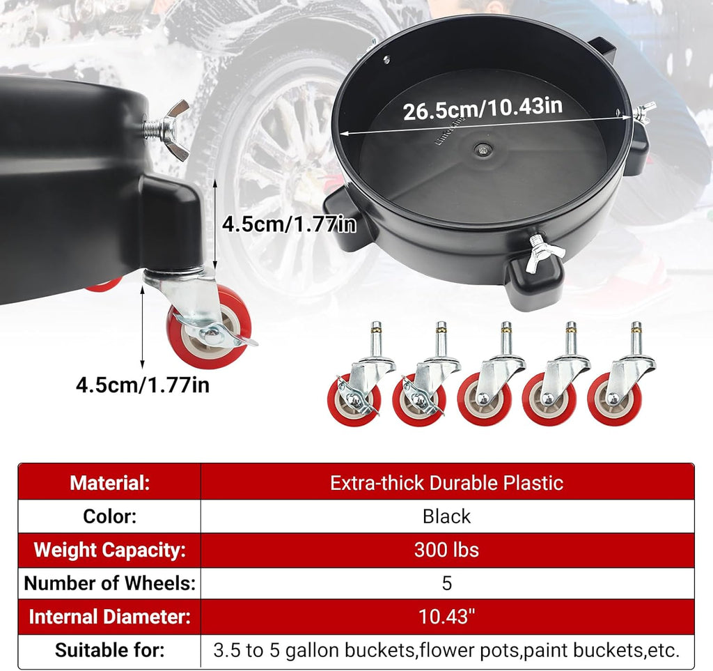 Bucket Dolly 5 Gallon with Wheels,360°Rolling Car Wash Bucket Roller | For 2.5–5 Gallon Buckets – Includes Bucket Insert, Cleaning Brush, Holds 300 lbs – for Washing & Waxing
