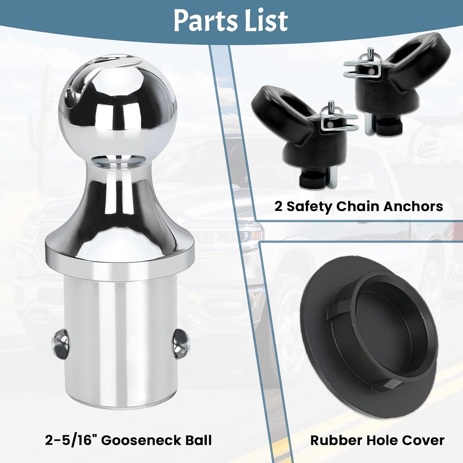 60618 Puck System Gooseneck Hitch Ball Kit, for 2013-2023 Dodge RAM 2500 3500, 2-5/16 Inch Gooseneck Ball for Truck Bed with 2 Gooseneck Safety Chain Anchors(30000 lbs GTW/ 7500 lbs VTW)Carrying Case