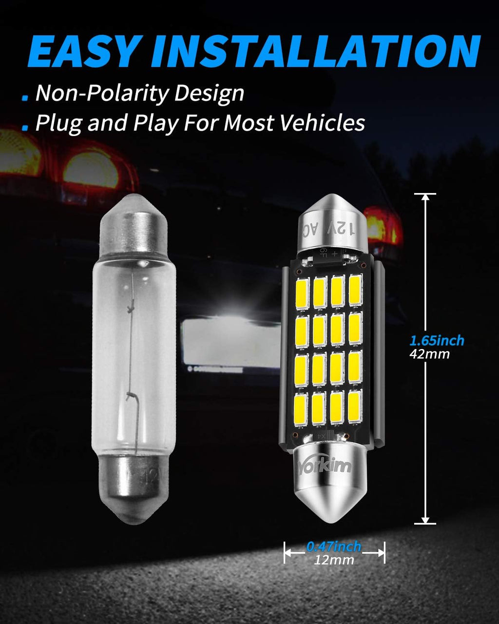 Yorkim 578 Festoon LED Bulb 41mm 42mm LED White Super Bright Canbus Error Free 16-SMD 4014 Chipset, 212-2 Dome Light, Interior Light MAP Light 211-2 Bulb, Pack of 2