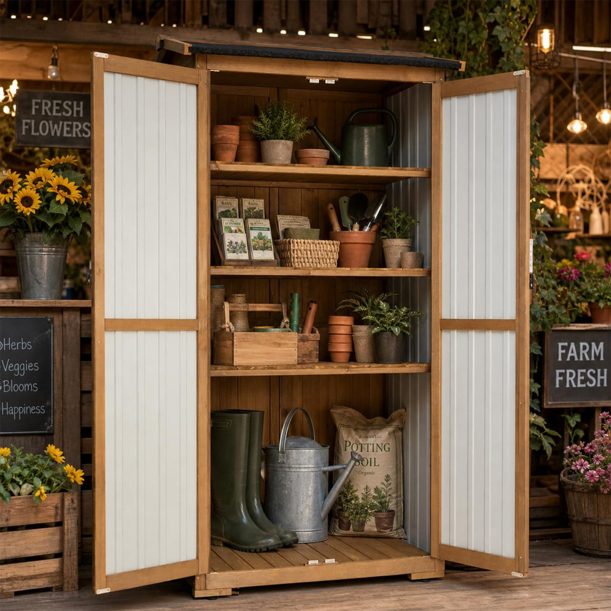 outdoor storage cabinet weather-resistant, wood & metal storage shown in use