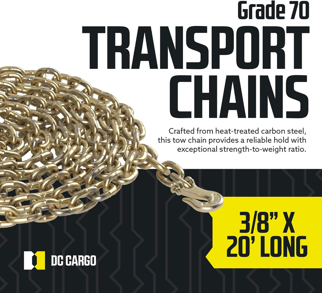 DC Cargo Tie Down Transport Chains - Heavy Duty Tow Chain With 3/8" Grade 70, Log Hooks, G70 Load Binder, 20 ft Long, 6,600 lbs WLL (Pack of 4)