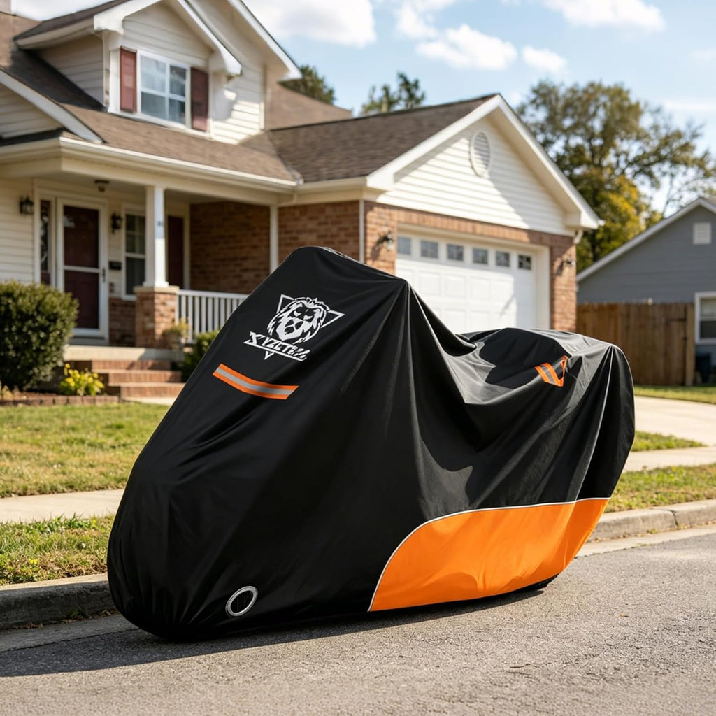 XYZCTEM Motorcycle Cover All Season Waterproof Outdoor Protection, Fit up to 116 Inch Tour Bikes, Choppers and Cruisers – Protect Against Dust, Debris, Rain and Weather (Black and Orange)
