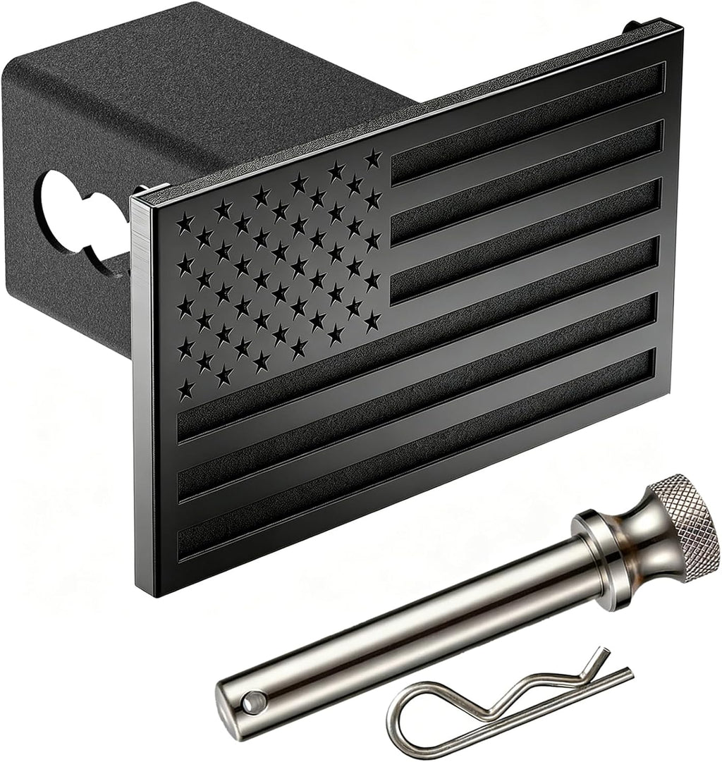 Synrroe Heavy Duty American Flag Trailer Hitch Cover, Black, 2 Inch | Coated Black Stainless Steel Flag, Aluminum Base, Mechanically Fastened, 5/8" Stainless Pin