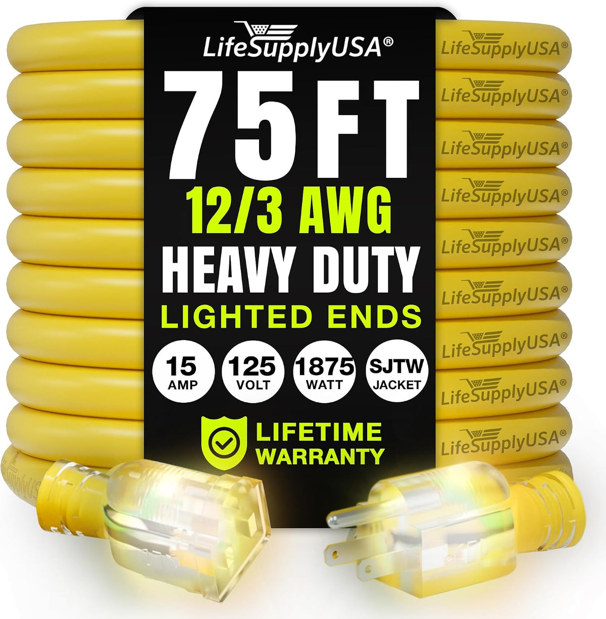 75ft Outdoor/Indoor Extension Cord 12/3 Gauge Extra Heavy Duty 3 Prong SJTW