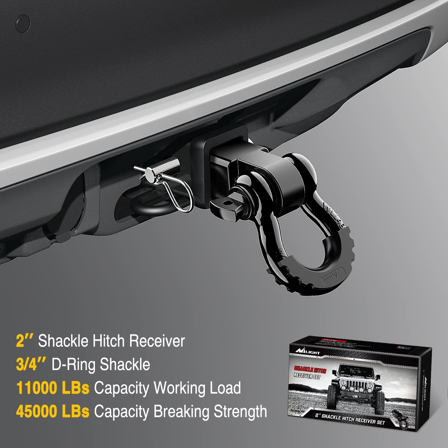 Nilight Shackle Hitch Receiver 2Inch 45000 LBs Breaking Strength 3/4" D Ring w/Trailer Pin Heavy Duty Solid Recovery Towing Kit for Trucks Jeeps Off-Road