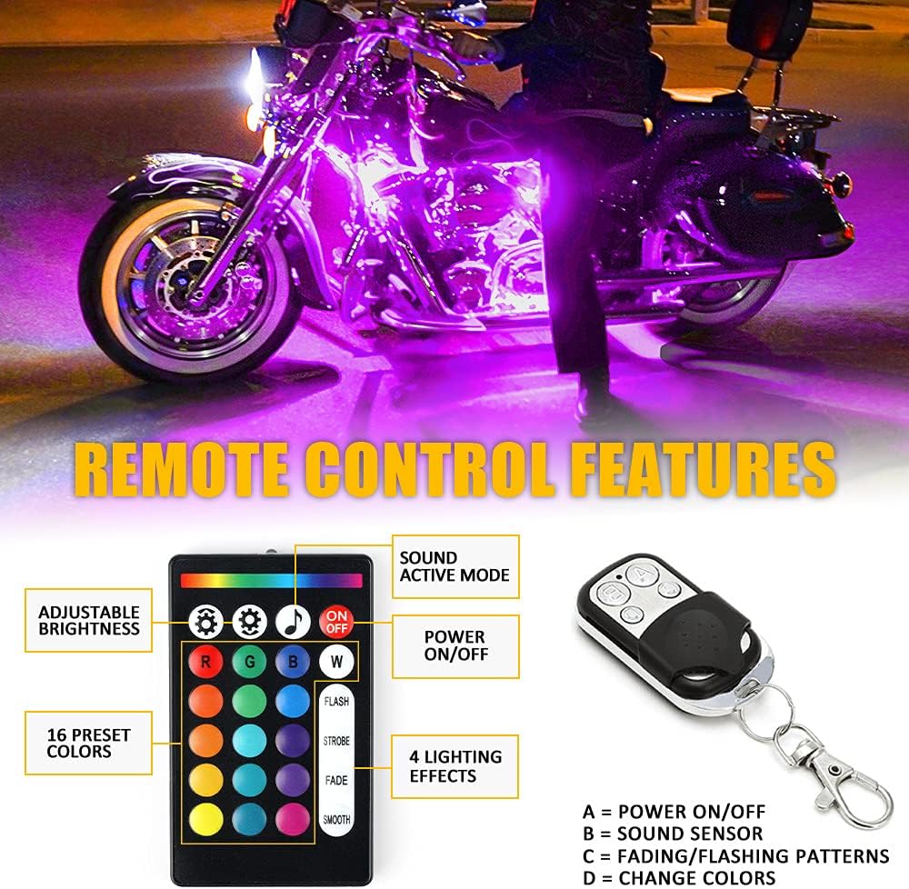 Xprite Motorcycle RGB LED Light Kit Waterproof w/Wireless Remote Control Underglow Neon Lights Strips Red Brake Lamp Function for Harley Davidson Honda Kawasaki Suzuki 8PCS