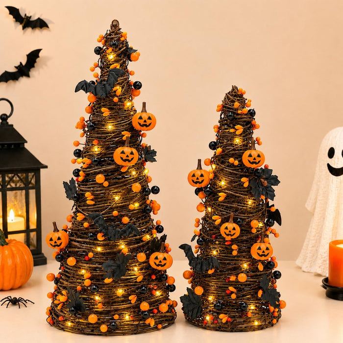 2Pack Lighted Halloween Tabletop Trees with Timer, Pumpkin Bat Decor