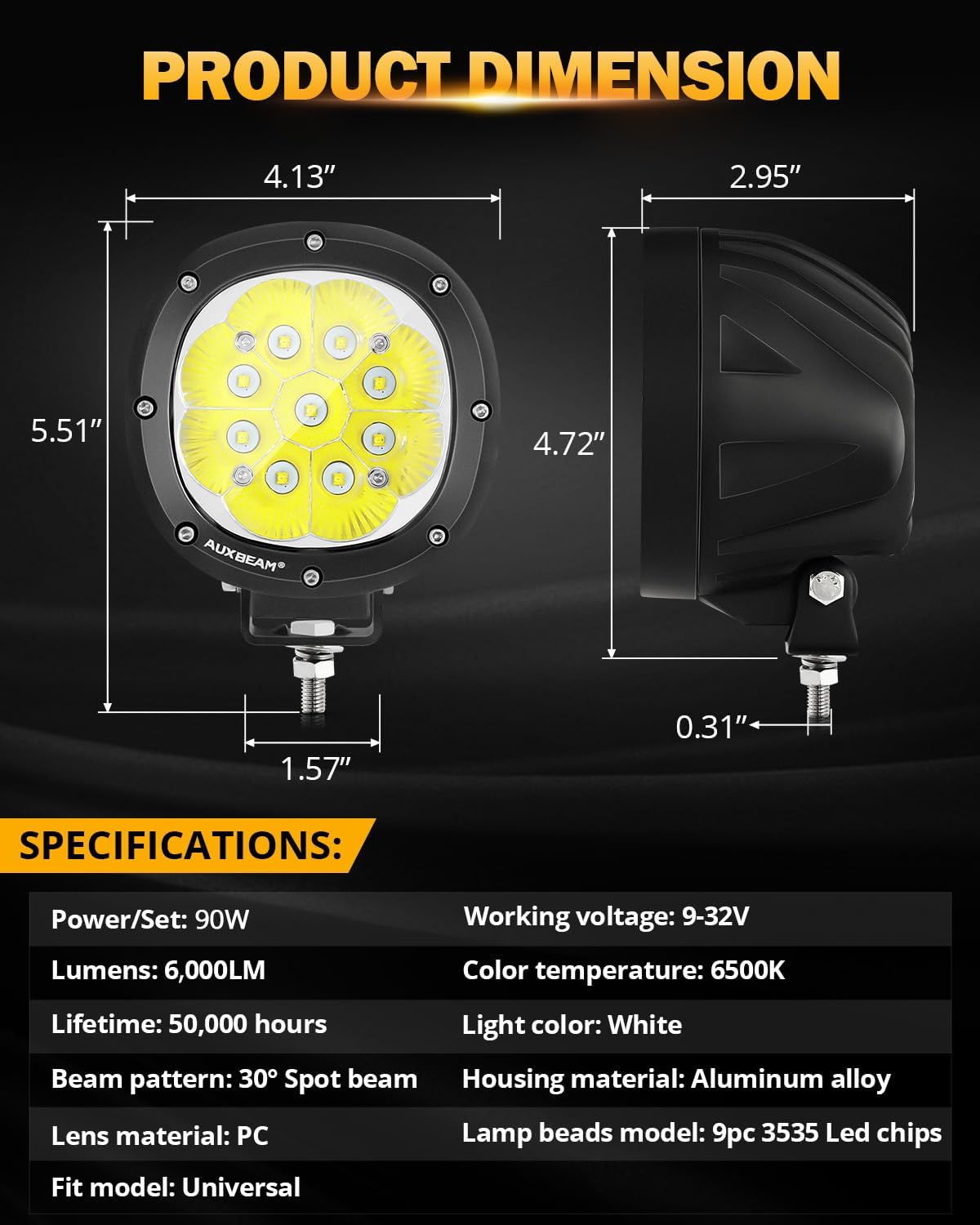 auxbeam 4in 90w round led offroad lights, 2pcs, side view