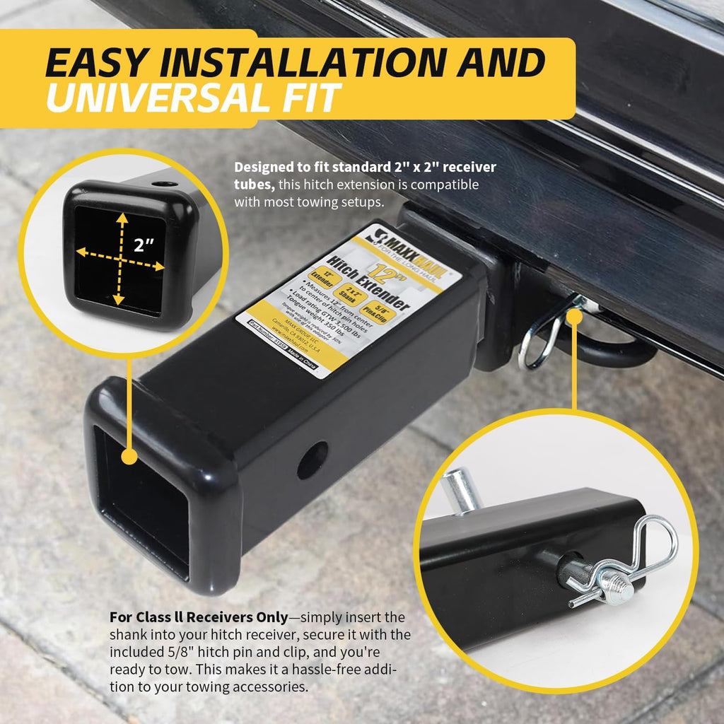 MaxxHaul 51959 Trailer Hitch Extension 12 inch Length 2 inch x 2 inch Receiver Tube Fits 2 inch Receiver 3500 lbs Capacity Includes 5/8 inch Hitch Pin and Clip