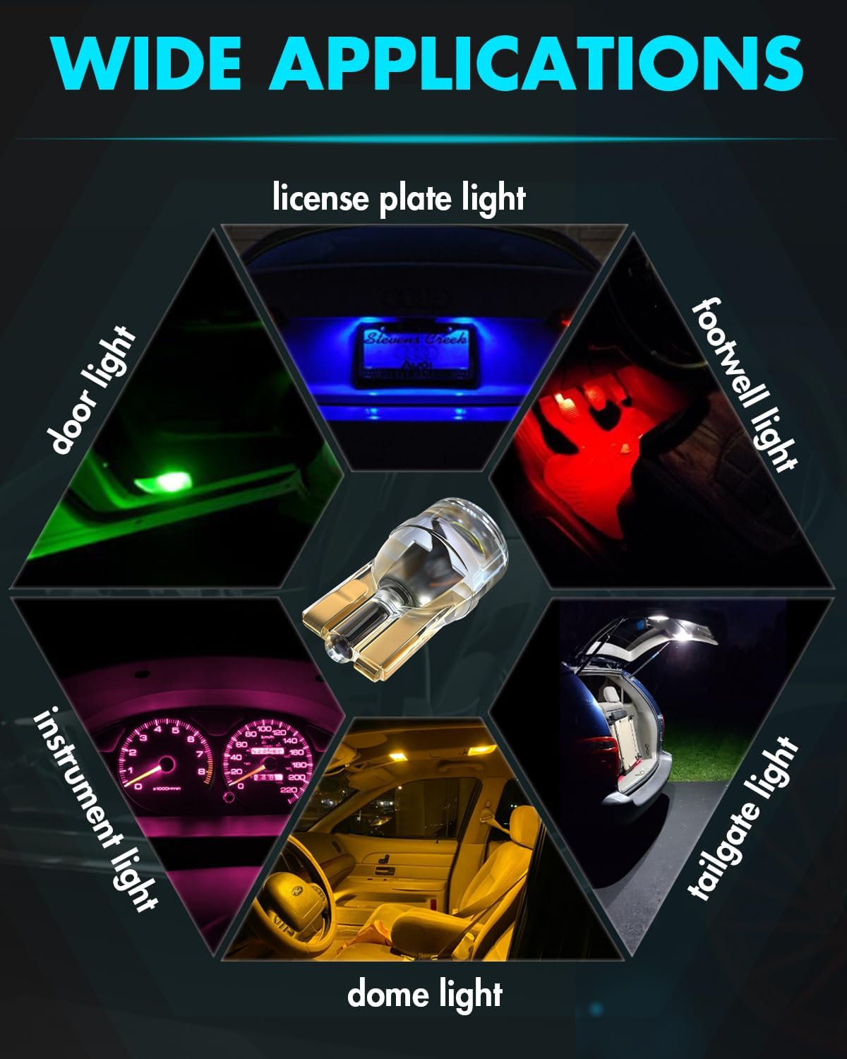 Alopee 30-Pack Acrylic 194 LED Light Bulb, 12V T10 Wedge Base, Multicolor | 168 2825 W5W Replacement Bulbs for Car Gauge Cluster, License Plate, and Marker Lights