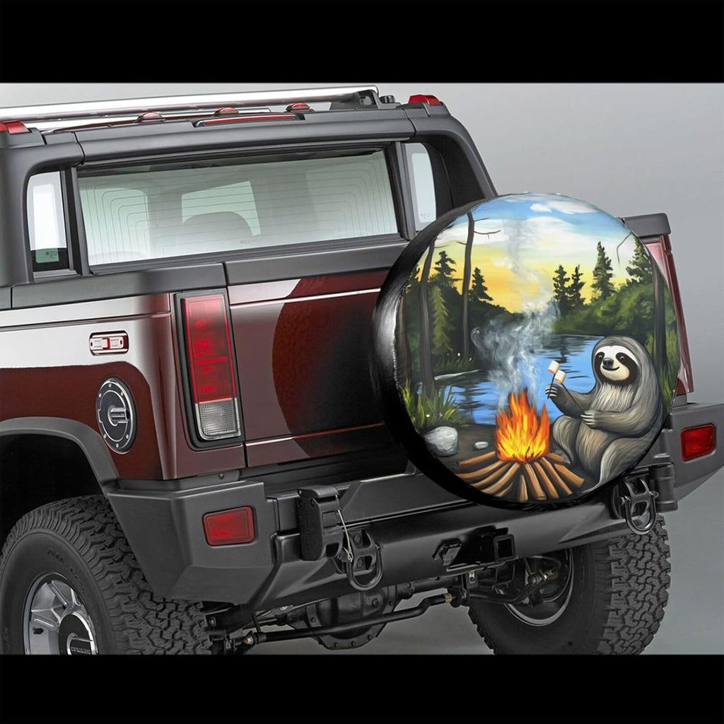 Sloth Toasting Marshmallows Universal Spare Tire Cover,15 Inch,Waterproof Polyester Wheel Protector Funny Cute Tire Covers for Rv Suvs Trucks Travel Trailers Outdoor,Easy Install