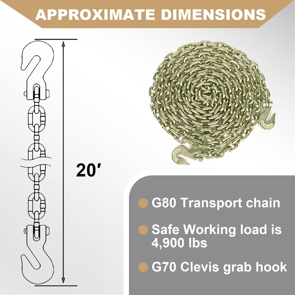 AAIN 5/16" Transport Chain, 20 ft Tie Down Chains for Trailers G80 Tow Chain for Load Tie-Down Fixed Cargo Flatbed Truck Heavy Duty Safety Chains with Clevis Grab Hooks G70-4,900 lbs WLL