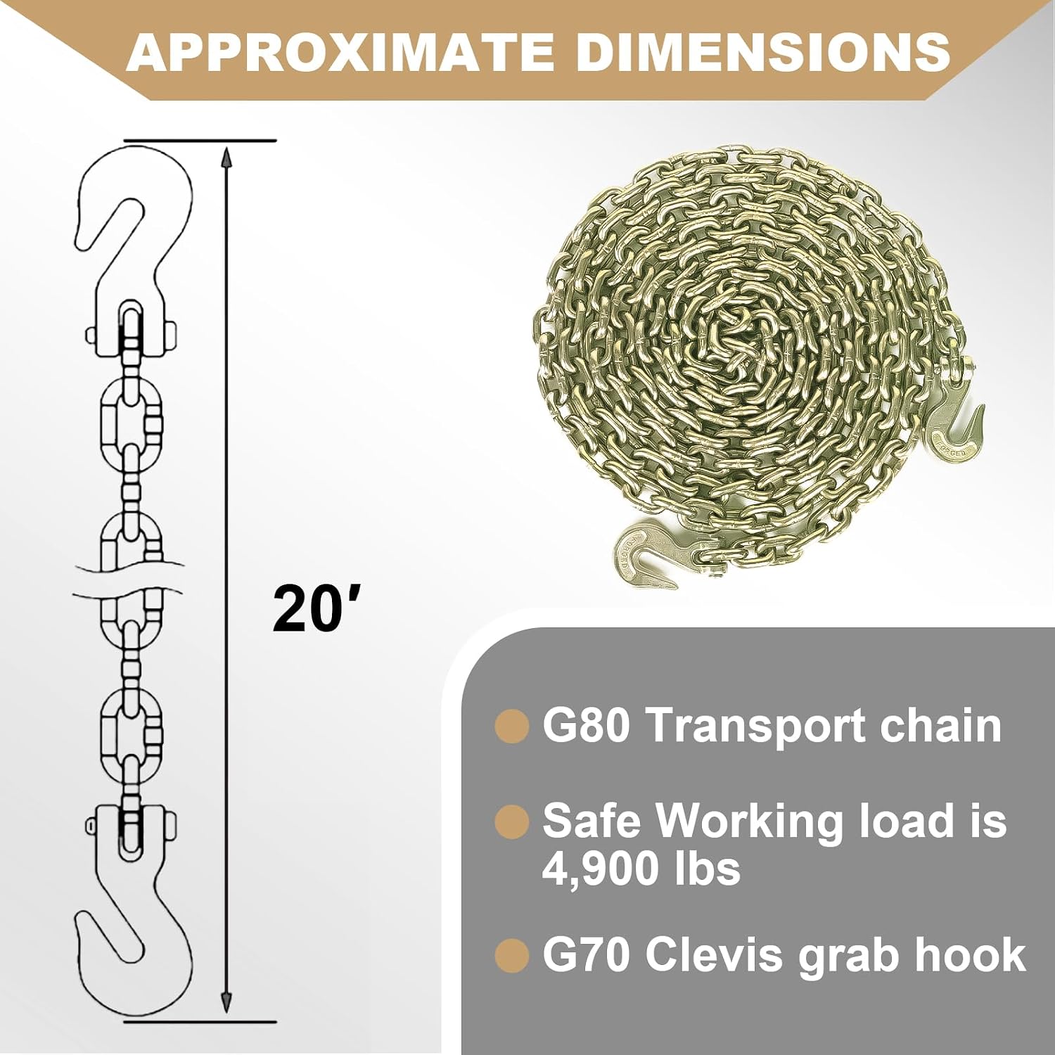 AAIN 5/16" Transport Chain, 20 ft Tie Down Chains for Trailers G80 Tow Chain for Load Tie-Down Fixed Cargo Flatbed Truck Heavy Duty Safety Chains with Clevis Grab Hooks G70-4,900 lbs WLL