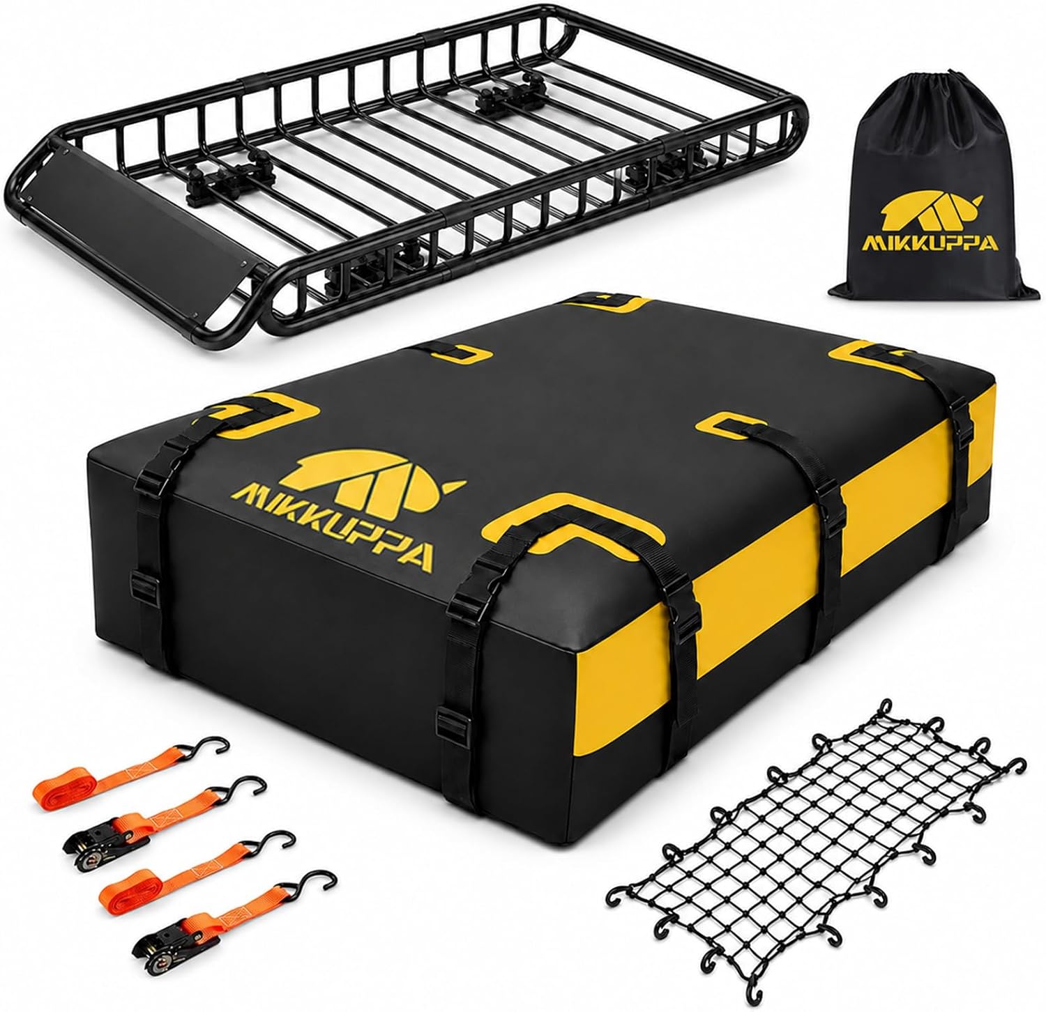MIKKUPPA Roof Rack Basket with Waterproof Cargo Bag - Rooftop Carrier Combo | 150 Lbs Capacity Roof Rack Basket & 17 Cubic Feet Waterproof Luggage Bag, for SUVs, Trucks, Cars
