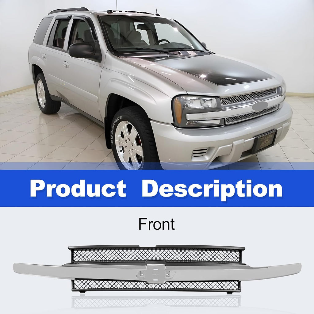 CarPartsDepot Front Grille Chrome Center Bar With Dark Gray Mesh Compatible With 2002-2005 Chevy Trailblazer GM1200477 10358128