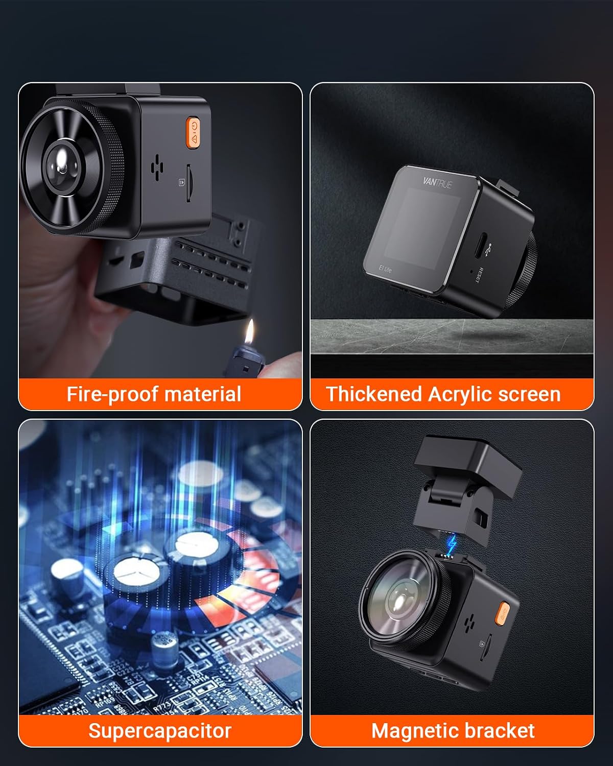 vantrue e1 lite 1080p mini dash cam, 60fps, front angle view
