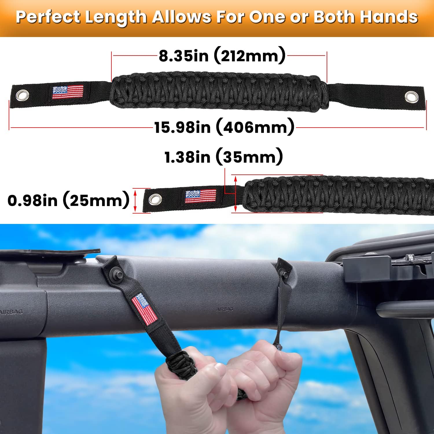 E-cowlboy Roll Bar Grab Handles Paracord Grip Handle for Ford Bronco 2021 2022 2023 2024 2-Door 4-Door Interior Accessories Premium Paracord US Flag (Black 2 Pack)