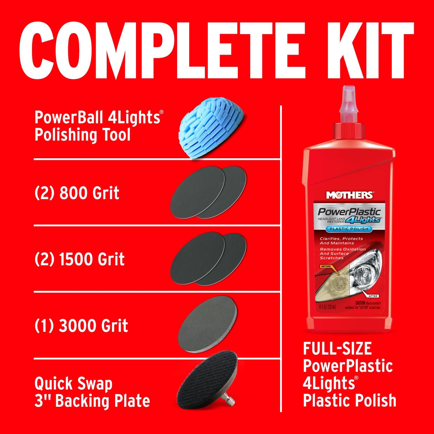 Mothers NuLens Headlight Renewal Kit (07251) | Quickly Restores & Maintains Clarity on All Headlight Types, PowerPlastic 4Lights Polish, Oxidation-Inhibiting Polymers
