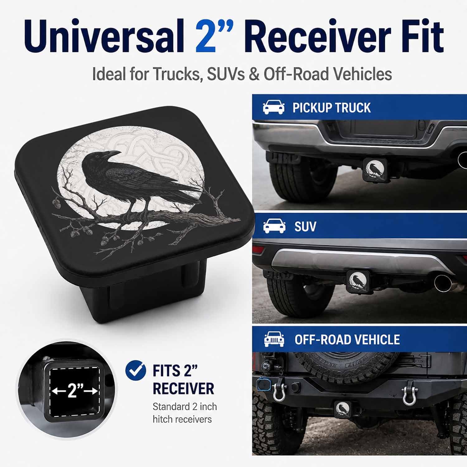 2" Hitch Cover Black Raven Rubber Towing Hitch Covers Hitch Protector for Camping Travel, Trailer Hitch Cover Tube Plug Insert Car Exterior Accessories for Pickup Trucks