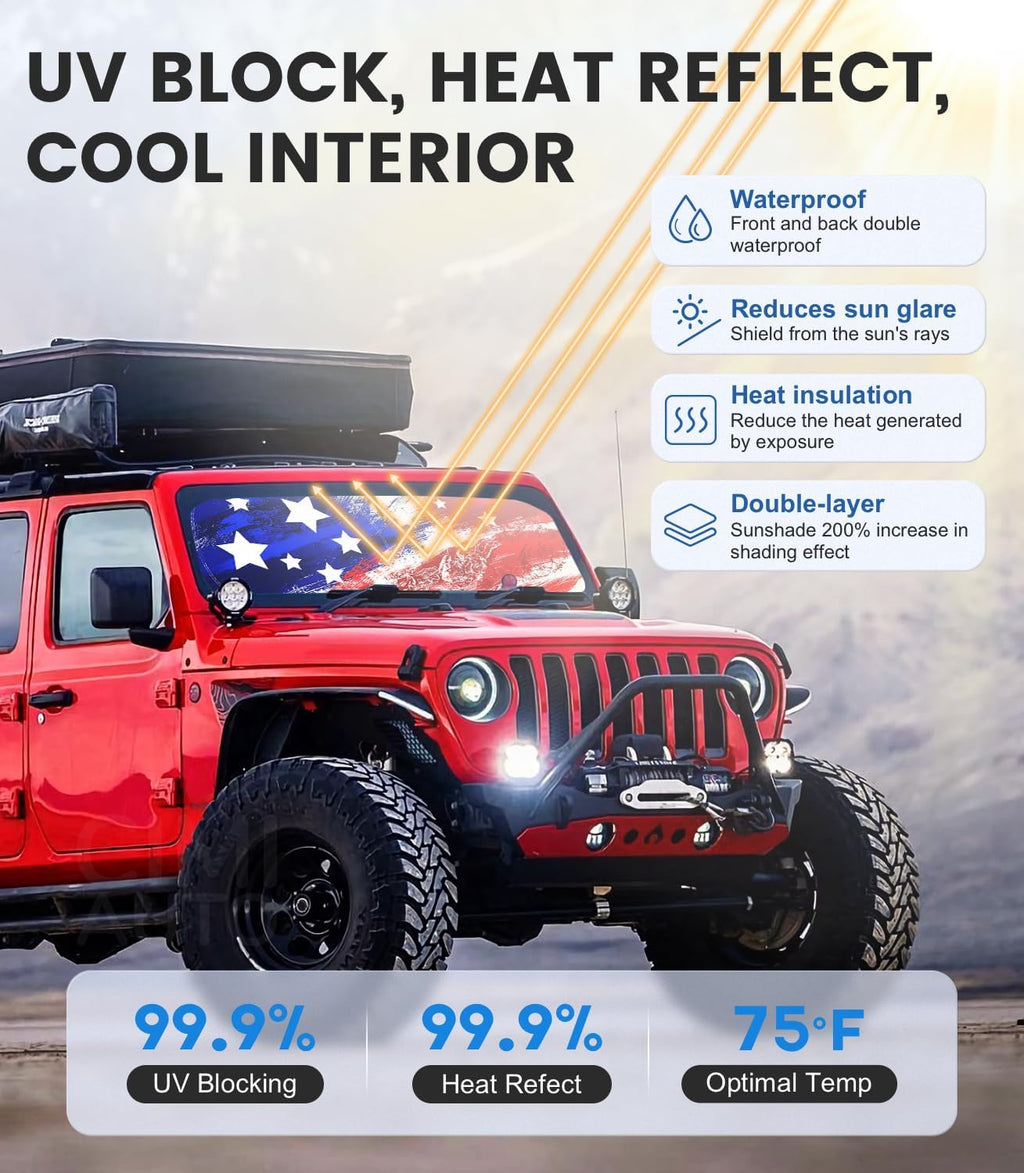 Shade Heat Shield for Jeep Wrangler Windshield Sun Shade,Art USA Flag Sunshade Compatible with Jeep Wrangler Tj Jk Jl Jku Jlu &Gladiator Jt Foldable Windshield Sun Visor Blocks UV Rays 1997-2025