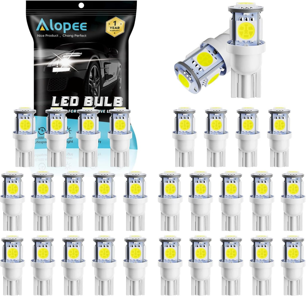 Alopee 30 Pack 194 Led Bulb White 6500K T10 Led Light Bulbs 5SMD 5050 Chips 2825 168 158 501 W5W Automotive Replacement for Car Dome Map Door Courtesy Trunk Light DC 12V
