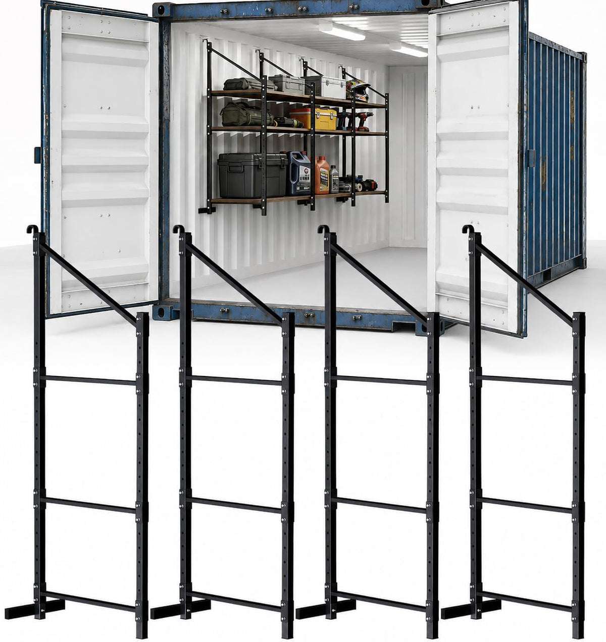 shipping container shelving brackets, d-ring mount, 3-tier, 4-pack, main product view