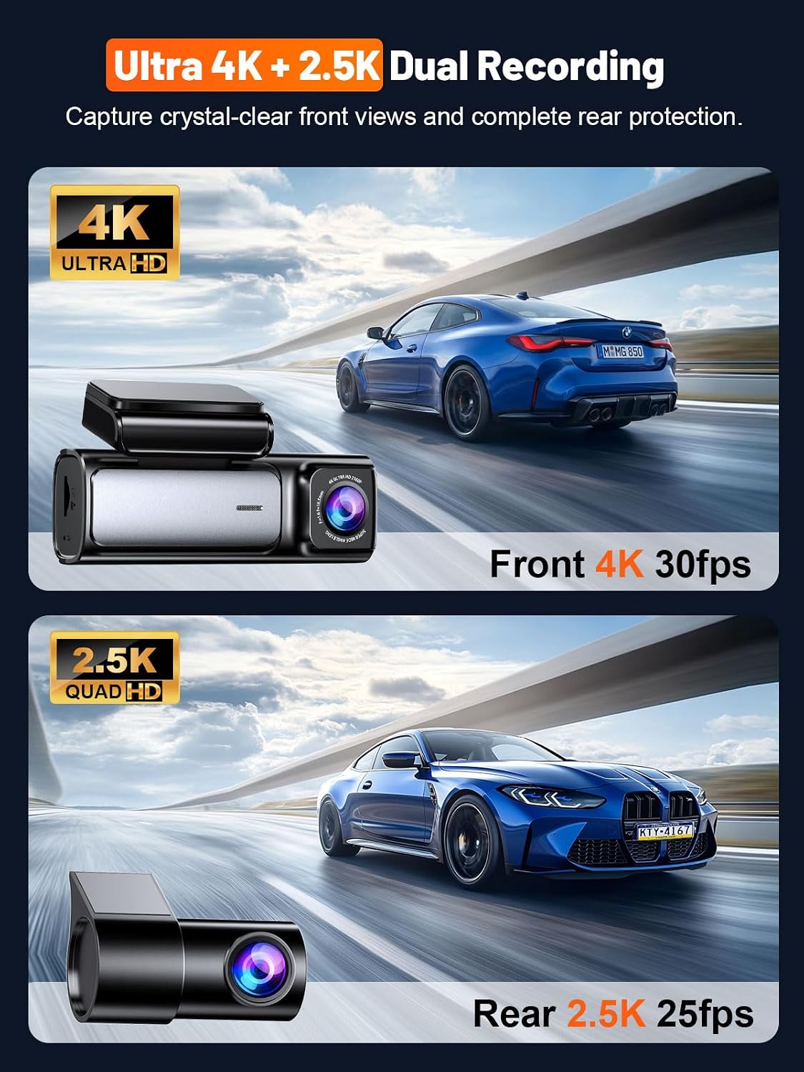 affver 4k+2.5k dash cam front and rear, built-in shown in use