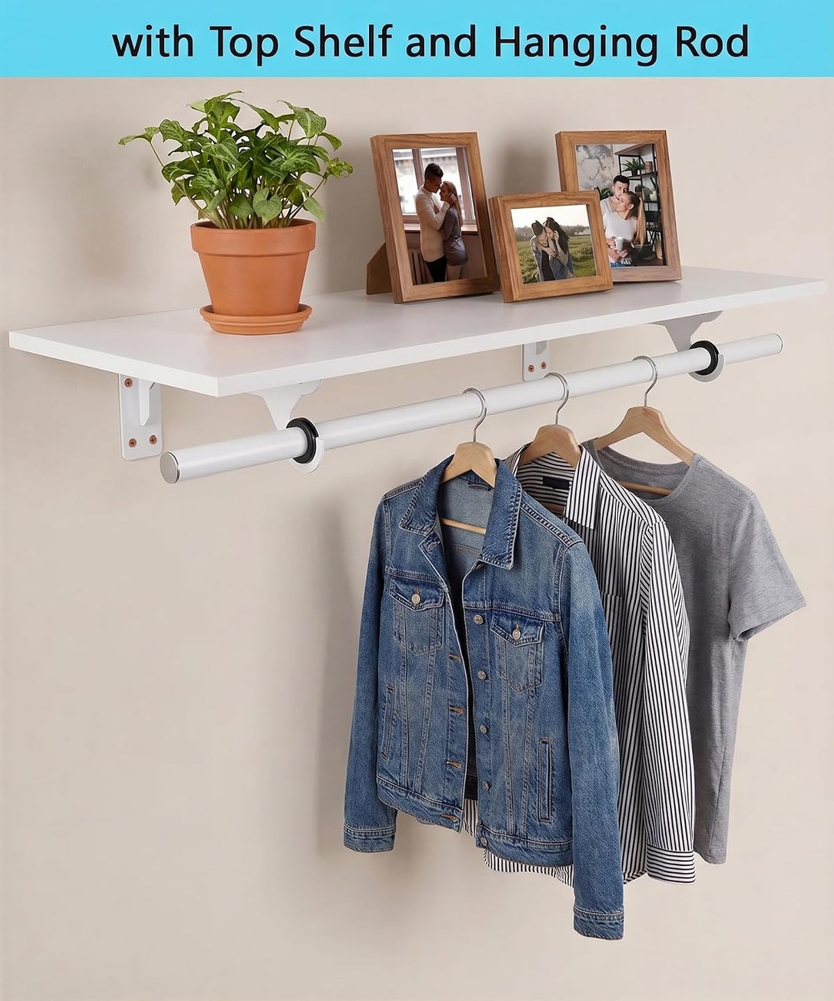 wall mounted clothes rack, with top shelf and, front angle view