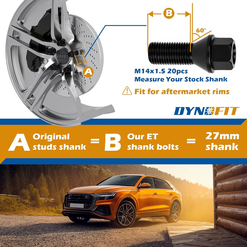 Dynofit 14x1.5 Lug Bolts Compatible with Audi A3 A4 A1 A8,27mm Shank Conical Seat Aftermarket Wheel Bolt, Fit CC Golf Jetta Lavida Se Boxster Cayman Macan Panamera, 20PCS One-piece Design Black Studs