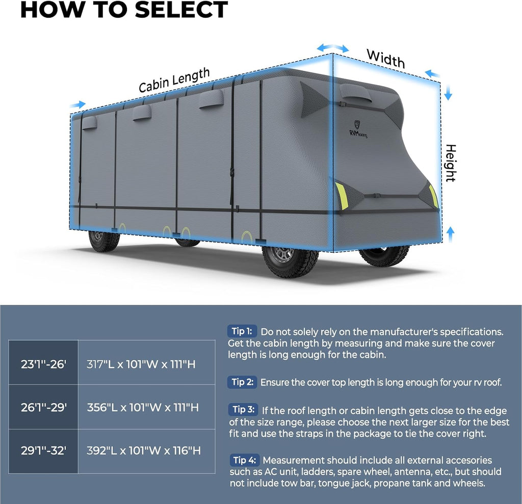 RVMasking Class C RV Cover, 29'1"-32' Heavy Duty 7 Layers Top Class C Motorhome Cover with 4 Tire Covers, Windproof Rip-Stop Anti-UV Camper Cover, Dark Gray
