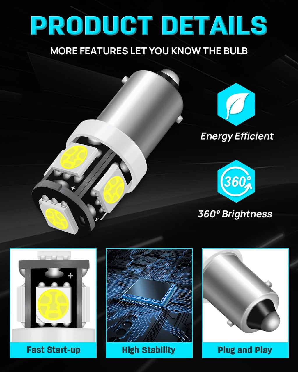 Qoope 20-Pack BA9S LED Bulb White, 53 57 T11 T4W 64111 LED Bulb 12V 5SMD 5050 for Car Interior Dome Map License Plate Courtesy Step Glove Box Light