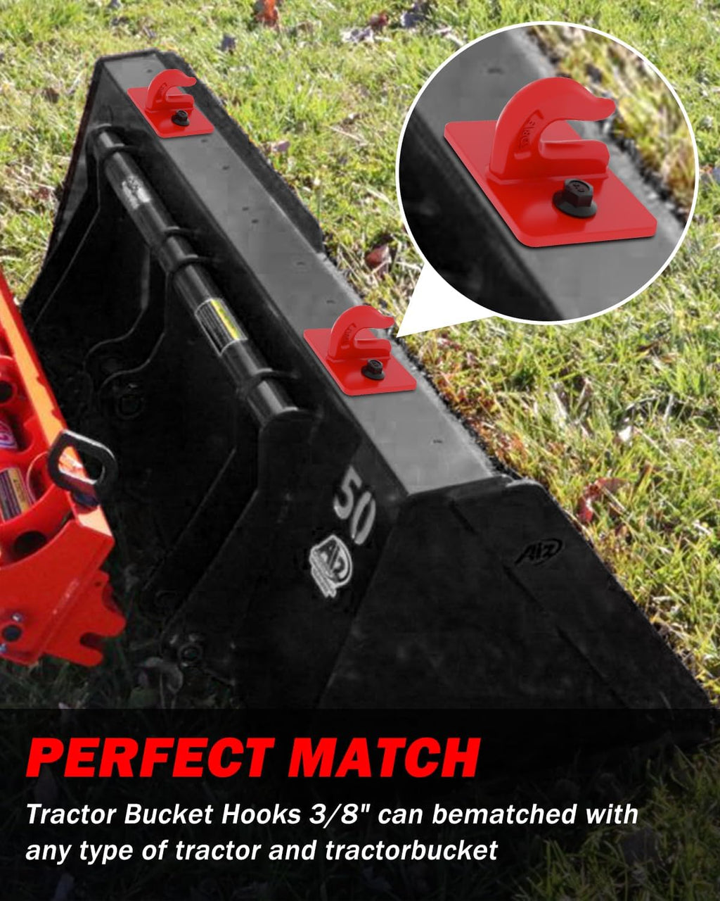 4 Pack 3/8" Tractor Bucket Grab Hooks, Grade 70 Forged Steel Bolt On Grab Hook with Backer Plate, Heavy Duty Tow Hook for Tractor Bucket, Loader, Truck, UTV, RV, 15,000 lbs, Red