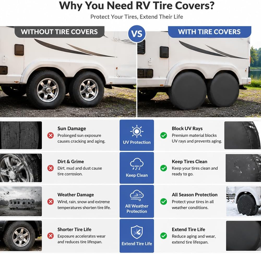 4 pcs RV Tire Covers for Winnebago Vista LX 2010s-present, Heavy Duty Wheel Covers Fits Motorhome & Trailer Tires Outdoor Parking Storage Sun Rain Snow Dust Easy Fit