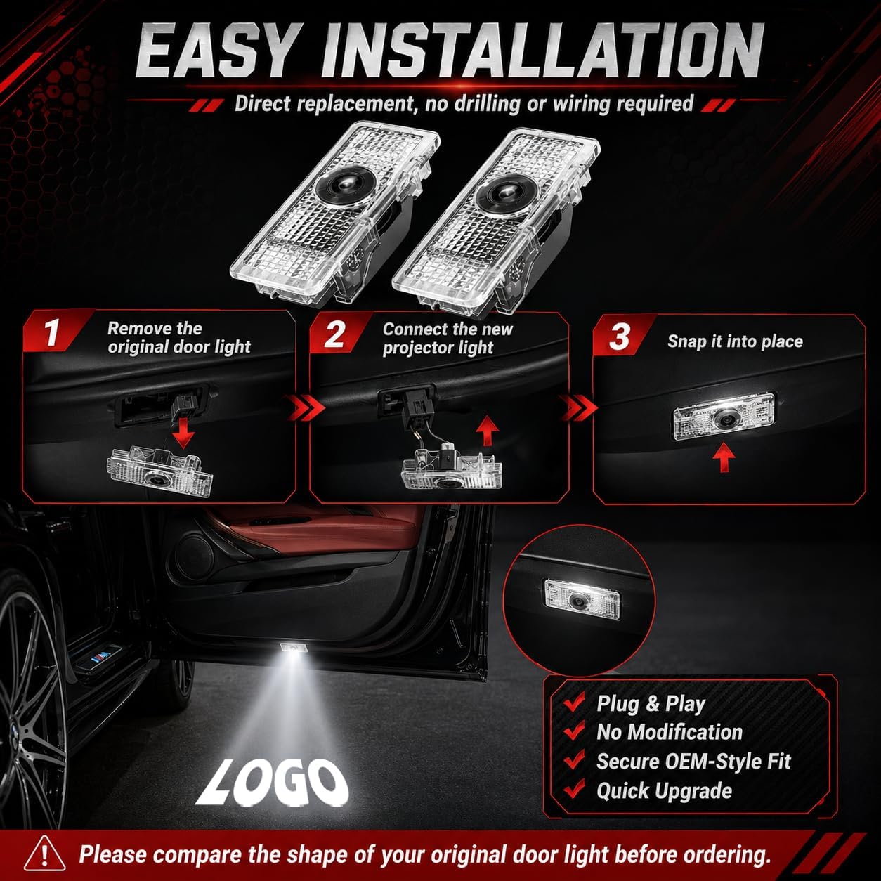 NZY Never Fade HD Door Light Logo Projector Compatible with 1/2/3/4/5/6/7/M/X/Z/GT Series Accessories, 2Pcs 3D LED Ghost Shadow Laser Car Courtesy Step Light Puddle Lamps
