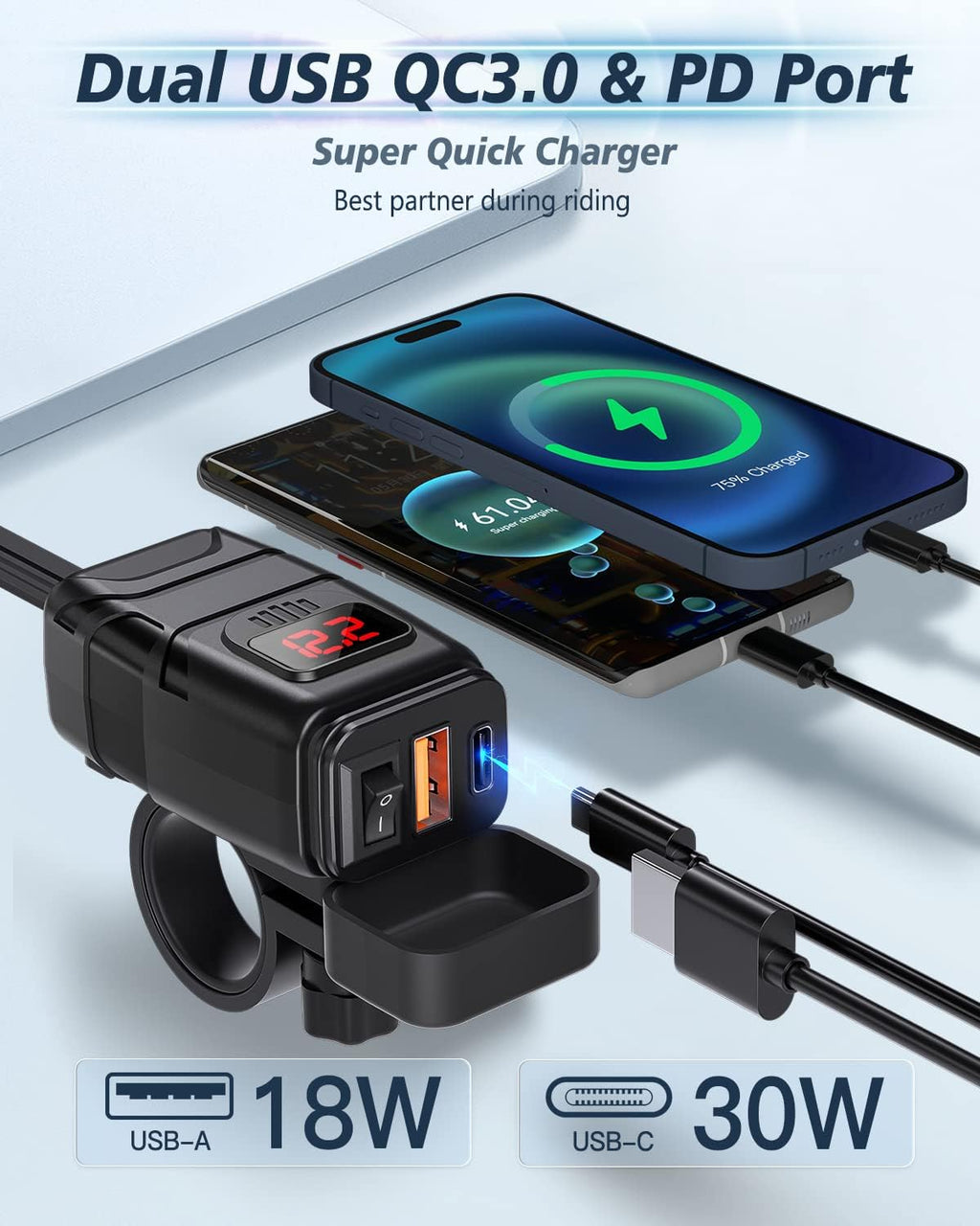 EXTRACTME Motorcycle Phone Charger, 6.4A Dual USB Type C PD & Quick Charge 3.0 Motorcycle USB Charger with Voltmeter & ON/Off Switch, Waterproof Motorcycle Accessories for Phone, Tablet, GPS, etc