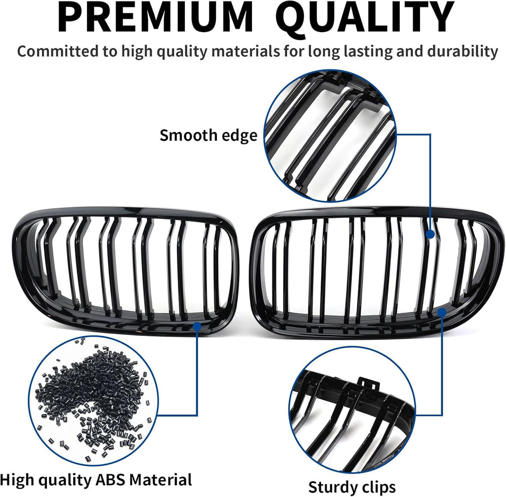 Front Grille Double Slats Front Grill for BMW E90 328i 318i 320i 323i 325i 330i 335i 2009-2011 - Front Kidney Grille (ABS Glossy Black)