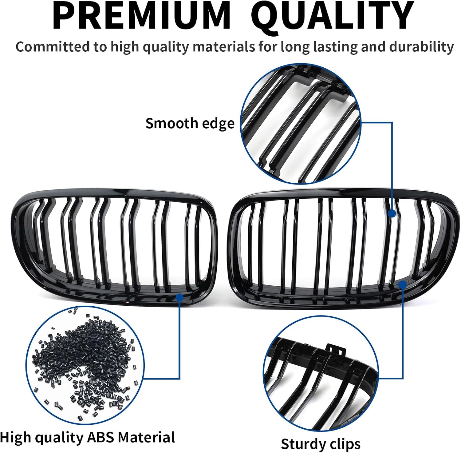 Front Grille Double Slats Front Grill for BMW E90 328i 318i 320i 323i 325i 330i 335i 2009-2011 - Front Kidney Grille (ABS Glossy Black)