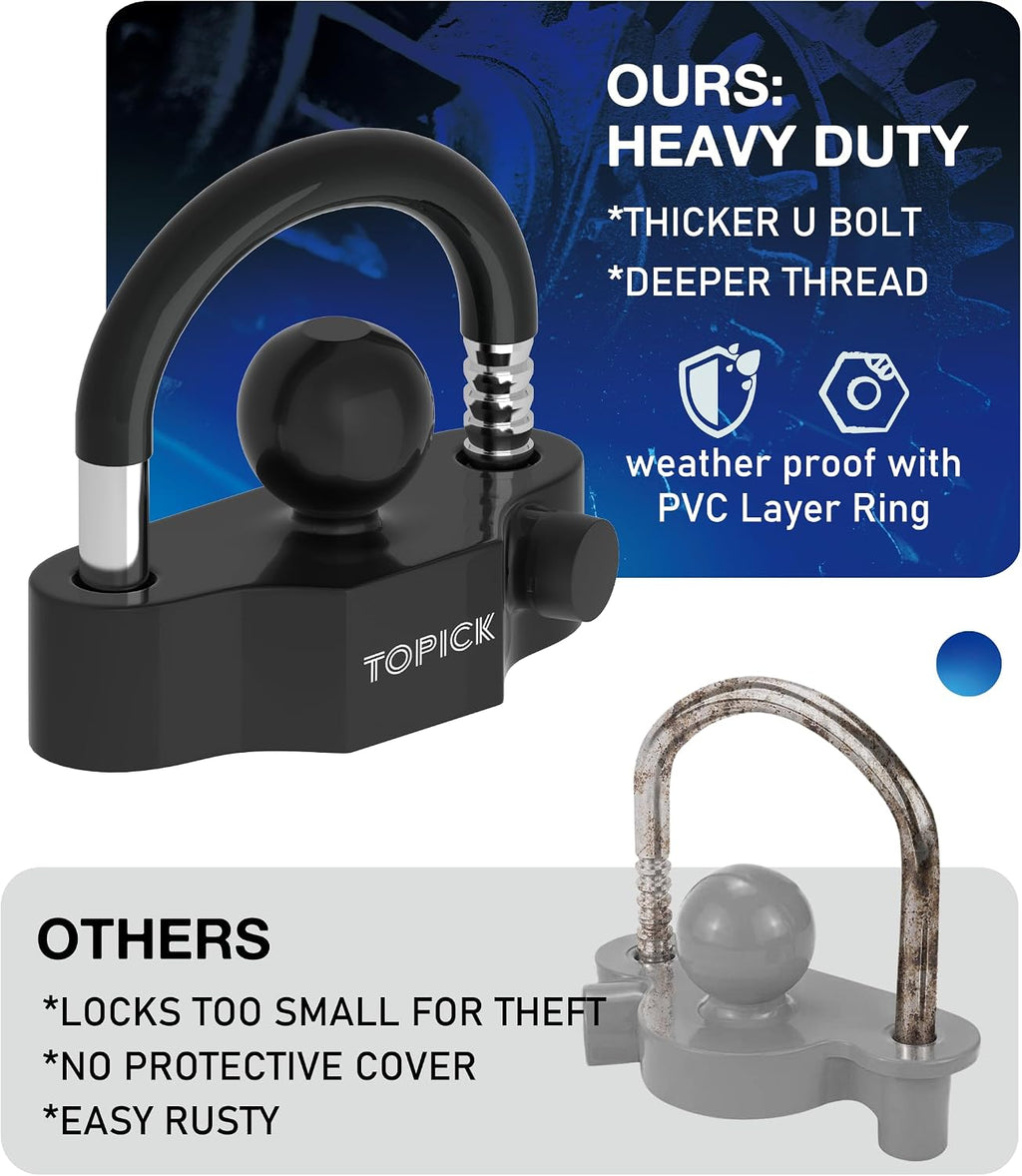TOPICK Heavy-Duty Trailer Coupler Lock with PVC-Coated U-Bolt, Universal Fit for 1-7/8", 2", 2-5/16" Hitch Couplers, Anti-Theft Security for RV, Boat, Utility Trailers, Black