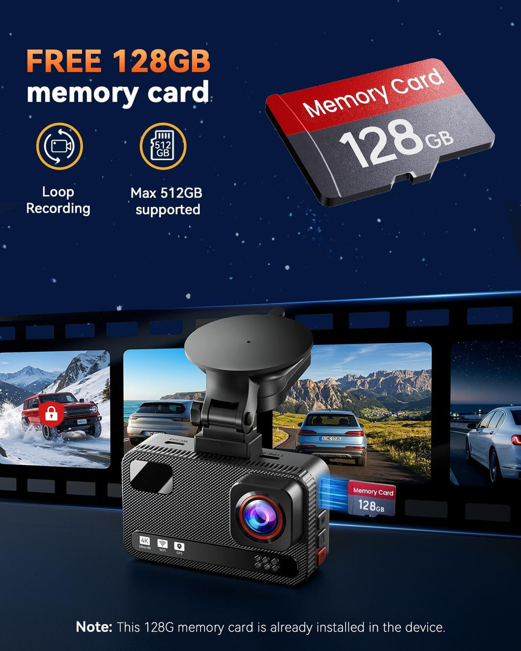 4k+4k dual dash cam front and rear, free, package contents