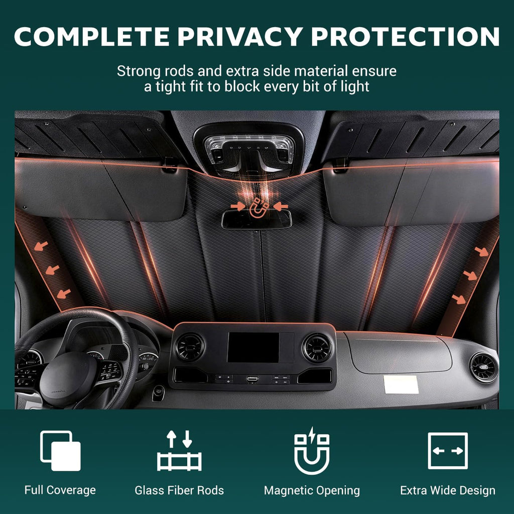 Windshield Cover for Mercedes-Benz Sprinter 2007-2026 NCV3/VS30, Insulated Blackout Sunshade with 5-Layer XPE Foam Core, Extended Edge Fit, AllSeasonGuard