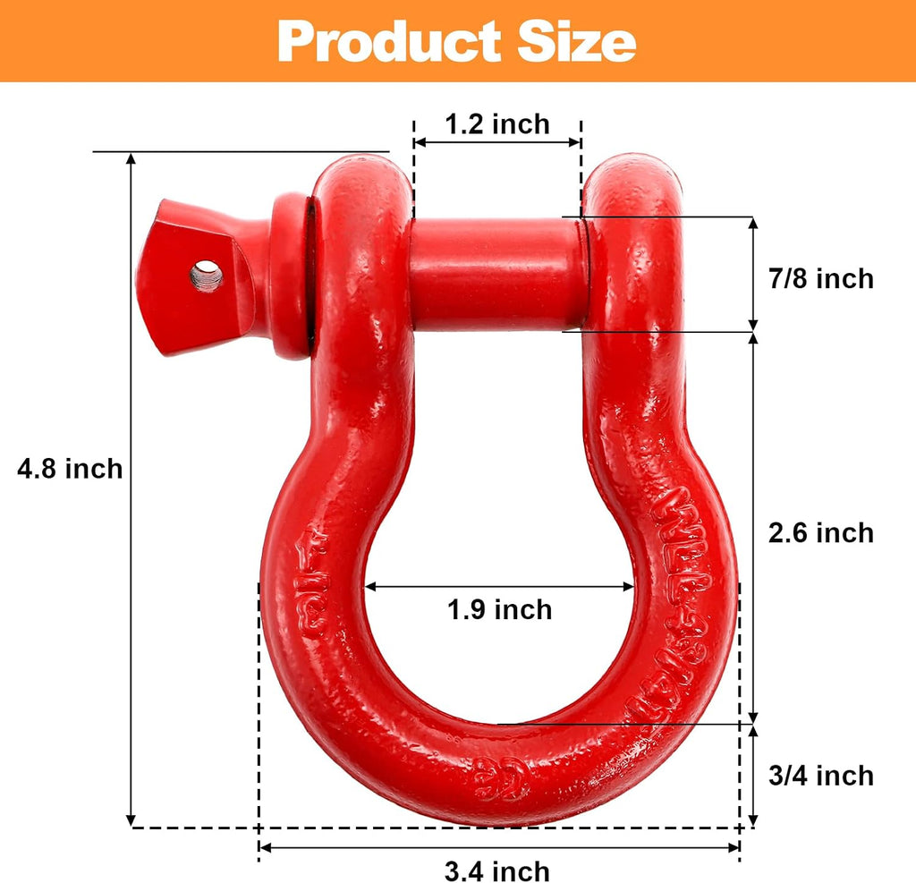 Bekith 3 Pack D Ring Shackles - 3/4" Rugged Unbreakable Heavy Duty Tow Shackle for Strap, Winch, Vehicle Recovery - 28.5 Ton (57,000 Lbs) Maximum Break Strength, Red