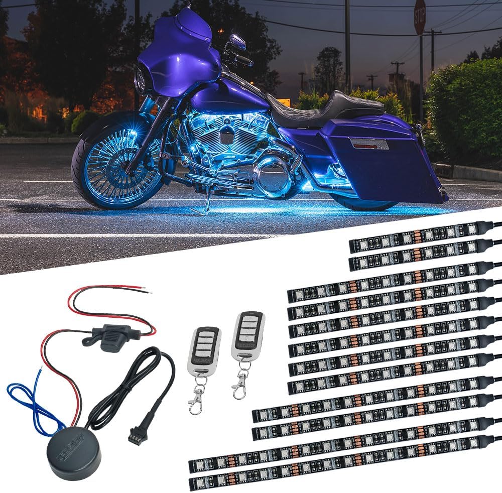 LEDGlow 12pc Advanced Million Color LED Motorcycle Accent Underlow Light Kit - 15 Solid Colors - 6 Patterns - Multi-Color Flexible Strips - Includes Waterproof Control Box & 2 Wireless Remotes