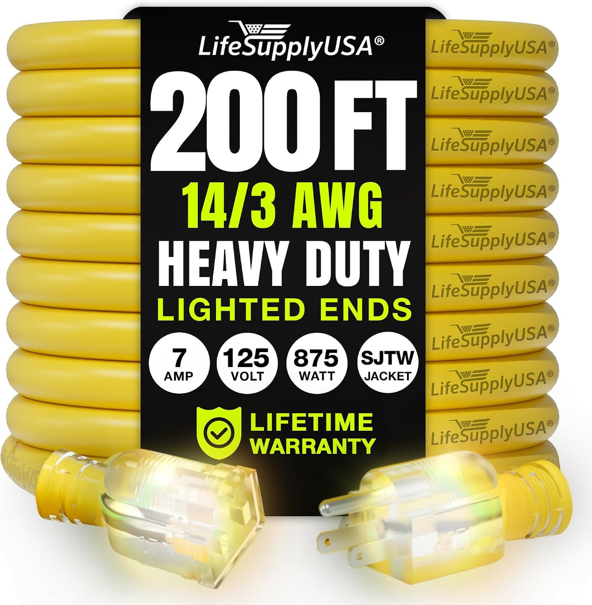 200ft Outdoor/Indoor Extension Cord 14/3 Gauge Heavy Duty 3 Prong SJTW