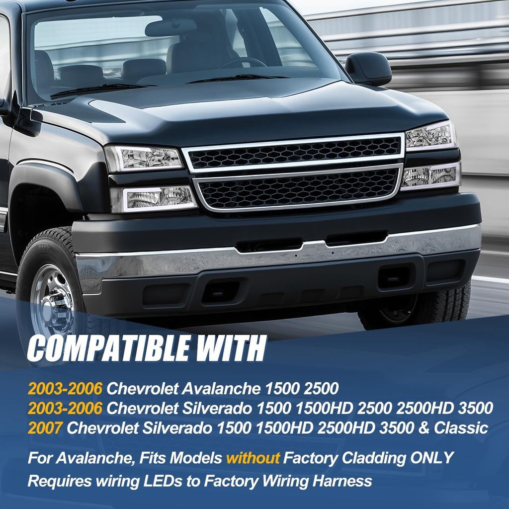 Auto Dynasty 4PCS LED DRL Headlight Lamps Compatible with Chevy Silverado Avalanche 1500 2500 3500 03 04 05 06 / Chevy Silverado Classic Models 07, Driver and Passenger Side, Chrome Housing Clear Lens