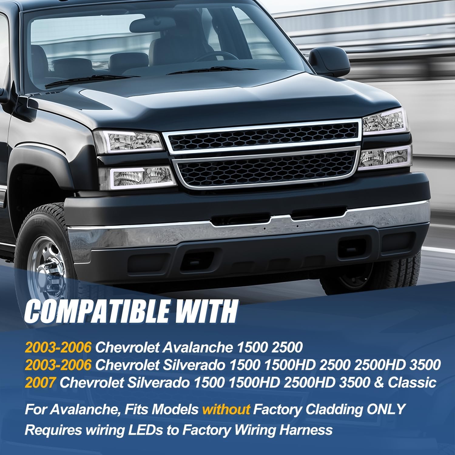 Auto Dynasty 4PCS LED DRL Headlight Lamps Compatible with Chevy Silverado Avalanche 1500 2500 3500 03 04 05 06 / Chevy Silverado Classic Models 07, Driver and Passenger Side, Chrome Housing Clear Lens