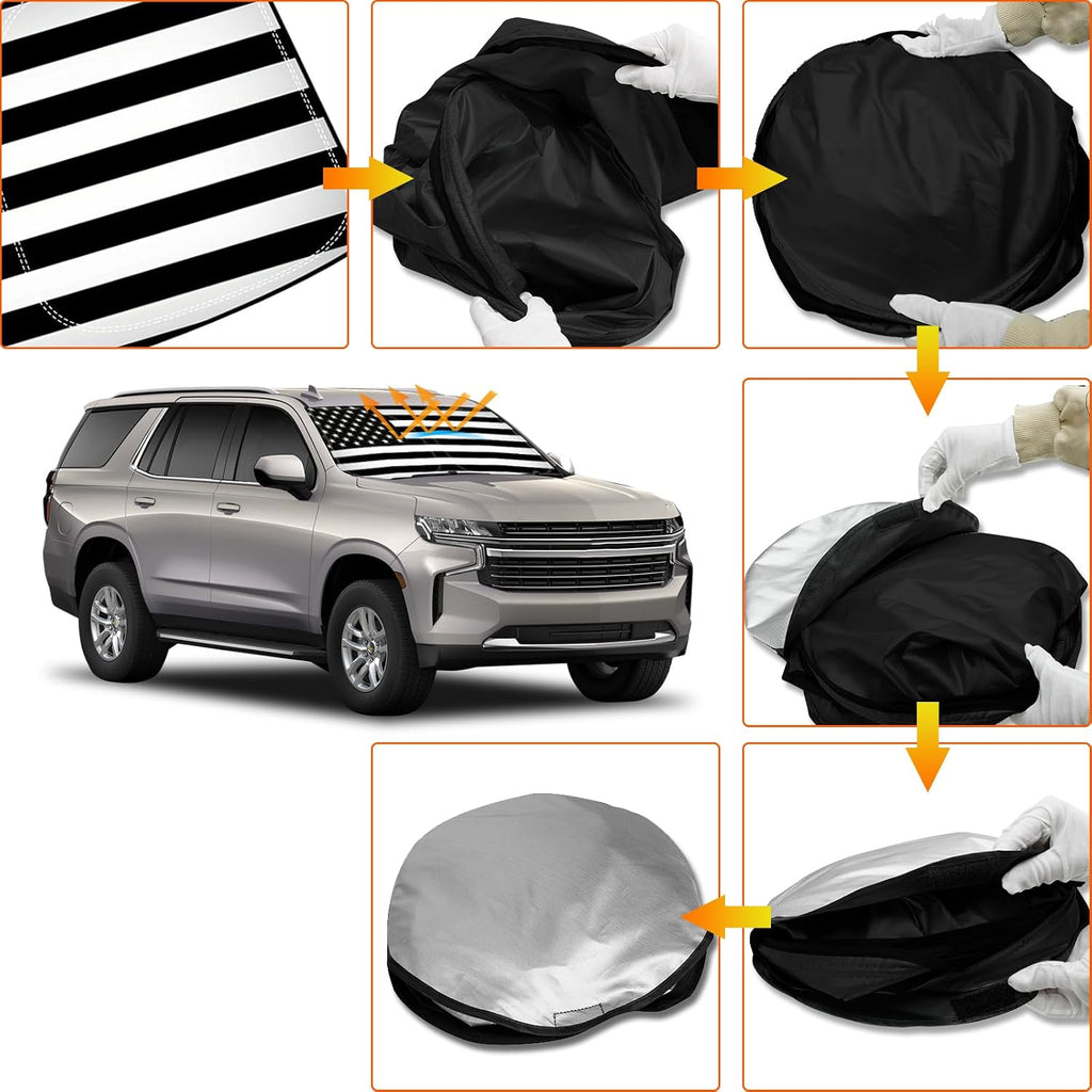 D-Lumina Winshield Sun Shade with USA Flag for Chevy Tahoe 2021 2022 2023 2024 2025, Foldable Front Sun Shield Protector Blocks UV Rays, Window Sunshade Sun Visor Interior Accessories