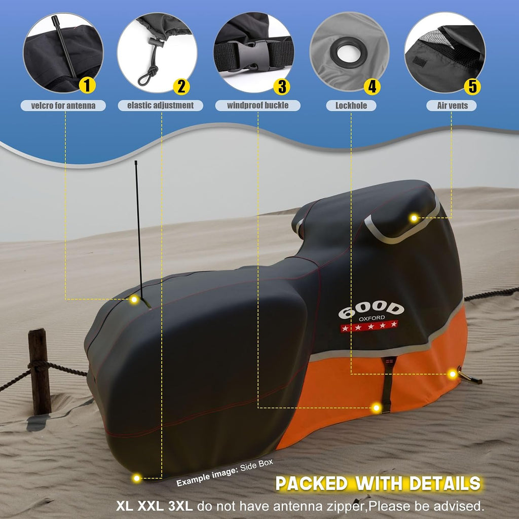 Motorcycle Cover 600D Waterproof for Touring Models Harley Davidson Road King,Road Glide,Street Glide, Electra Glide,Low Rider-ST Indoor & Outdoor Storage Black/Orange