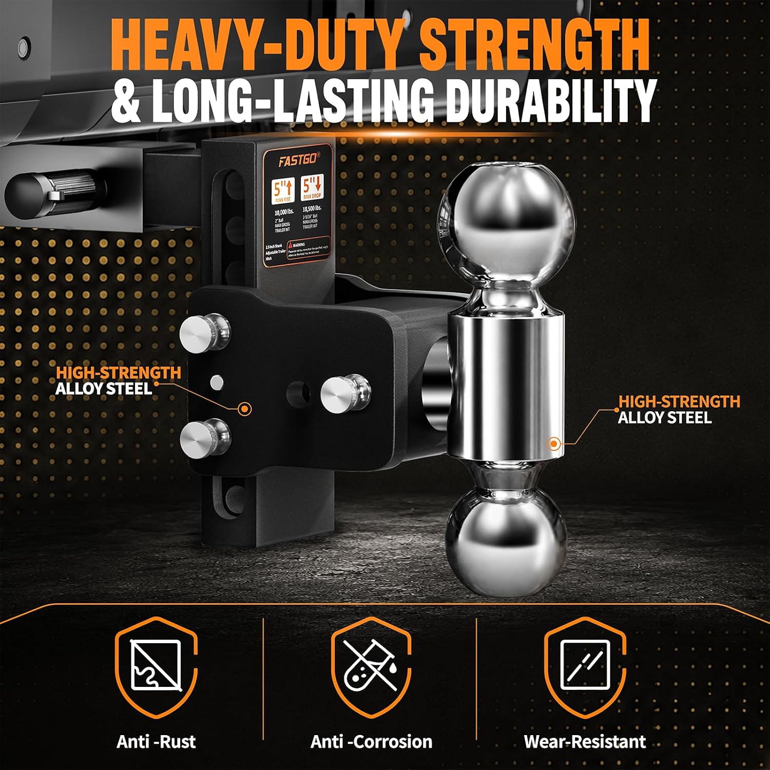 Fastgo Trailer Hitches - Fits 2.5" Receiver, Adjustable Trailer Hitch Ball Mount, Dual Ball (2" x 2-5/16") Tow Hitch, Drop Hitch, Truck Hitch, Anti-Theft, 5" Drop/Rise, 18500GTW